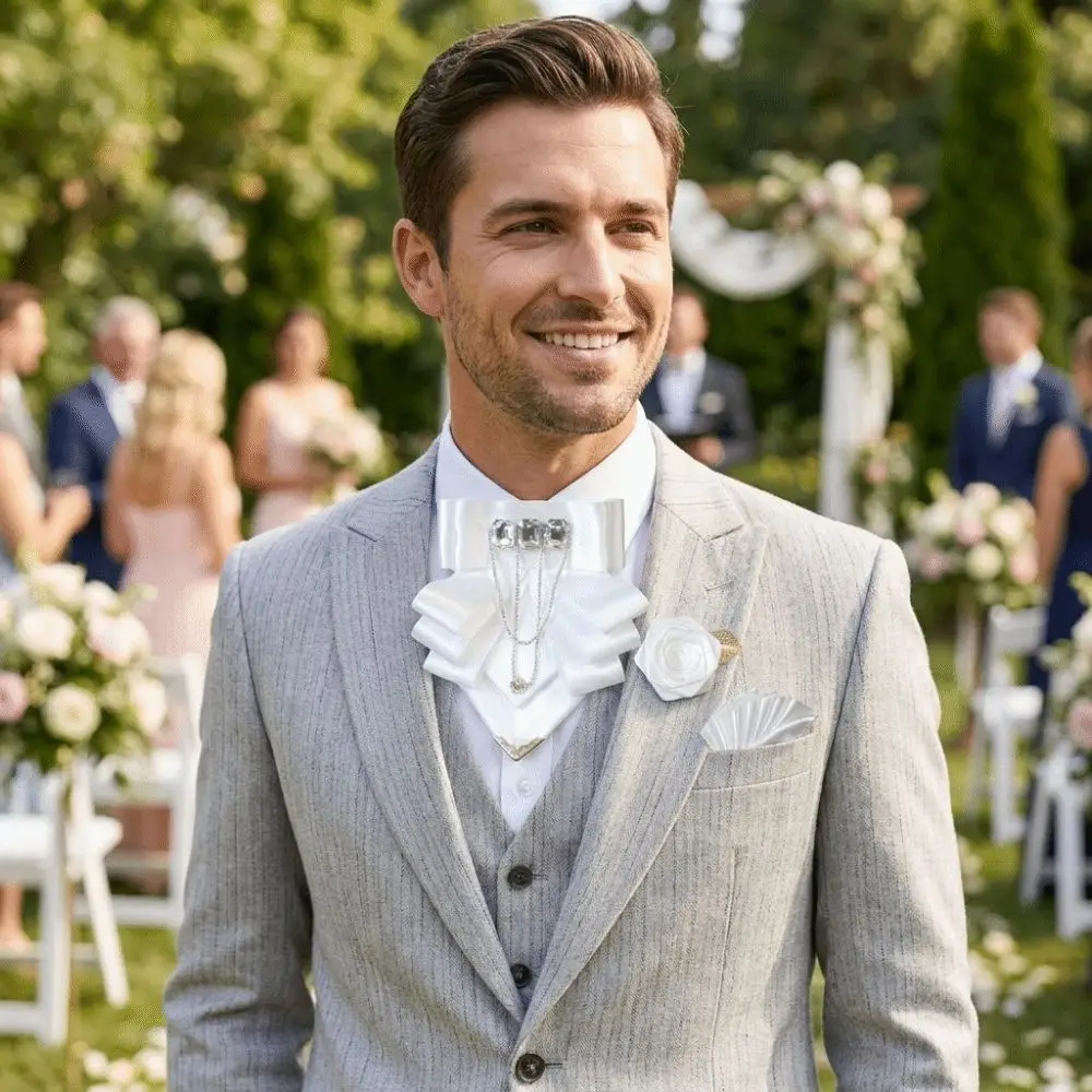 

3 pcs/set Tassel Bow Tie Brooch Set Rhinestone Exaggerated Collar Pocket Square Set Luxury Polyester Wedding Accessory Set