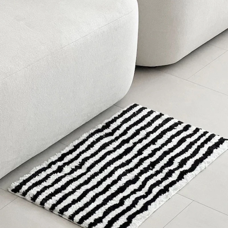 

Flocking Striped Rugs for Bedroom Bedside Soft Plush Entrance Door Mat Simple Style Anti Slip Living Room Carpet Area Rug Decor