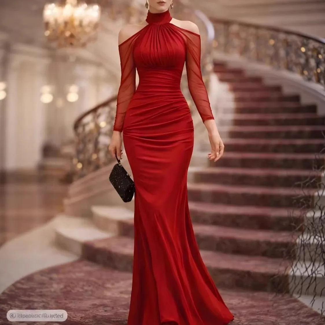 Off Shoulder Neckline Halter Neck Gown Pleated Elegant Style with Spring Tie Closure Slim Fit High Waist Women One Pleated Dress