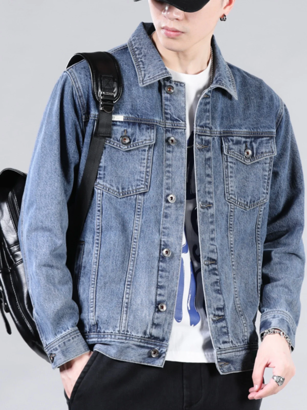 

Retro Blue Denim Jaet Men's Trendy Workwear Sle Collar Jaet Spring Autumn Cotton Polyester Blend Windproof Outerwear