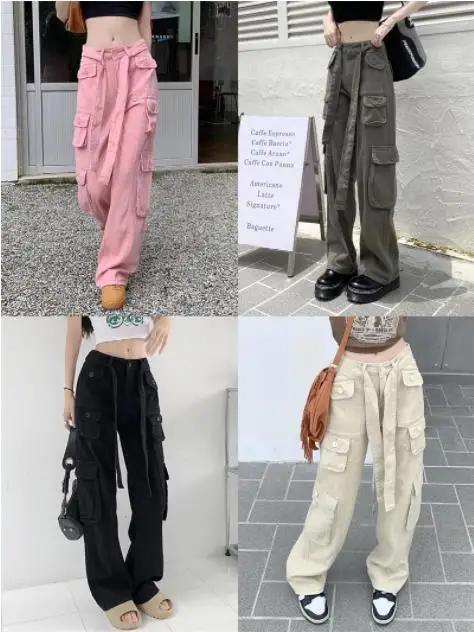 

Women's Cargo Pants 2023 Spring Summer Retro Wide Leg Pant Straight High Waist Casual Trousers Solid Color Loose Lady Streetwear