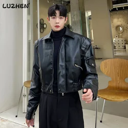 LUZHEN Trend Men Motorcycle Clothing Leather Jacket Short Lapel Pu Outerwear Korean Style Fashion Casual Street Tide Coat 04afea