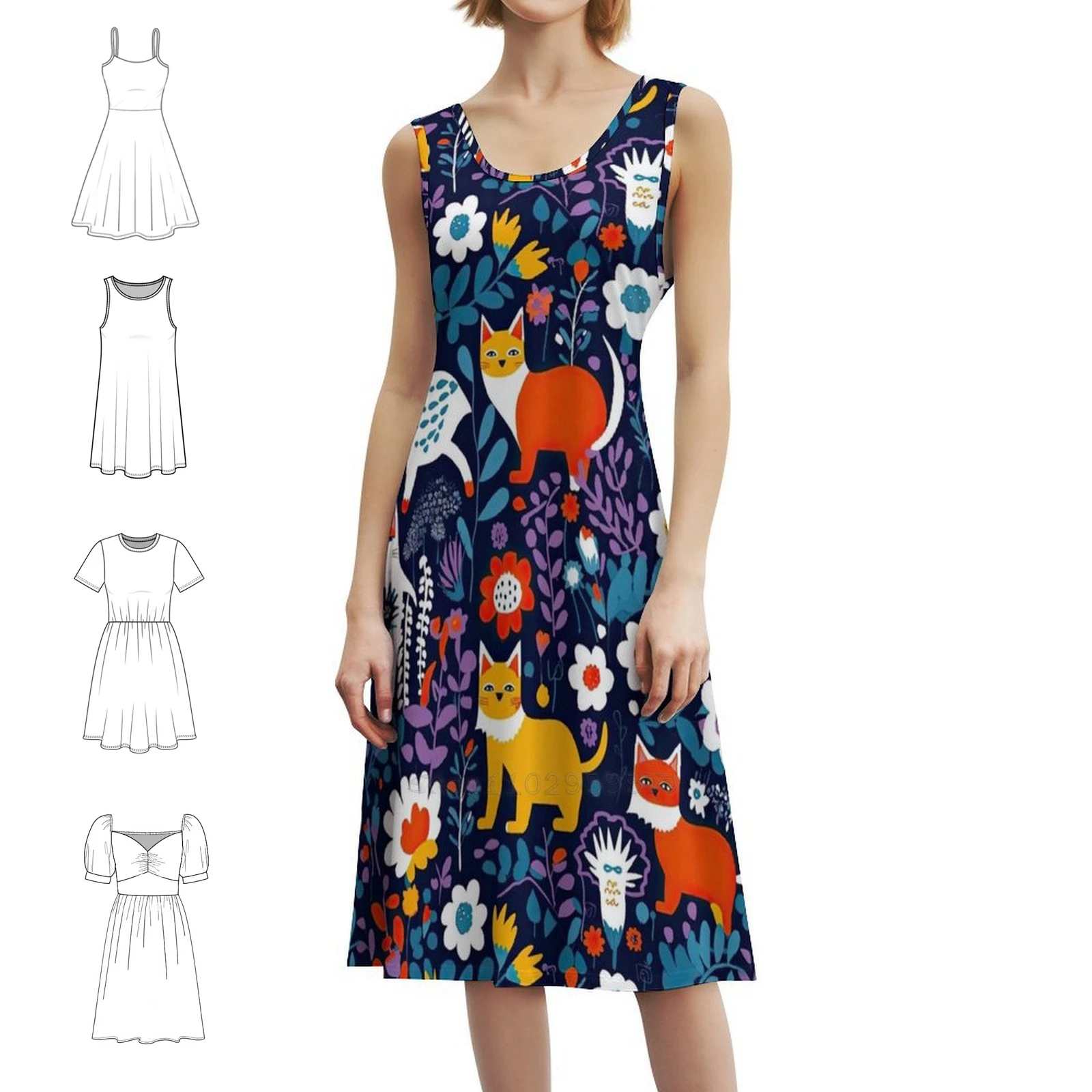 

Vibrant Cats Leaves And Flowers Floral Patterns Floral Smock Dress For Women Spring Summer Casual Dress For Party Wonderof