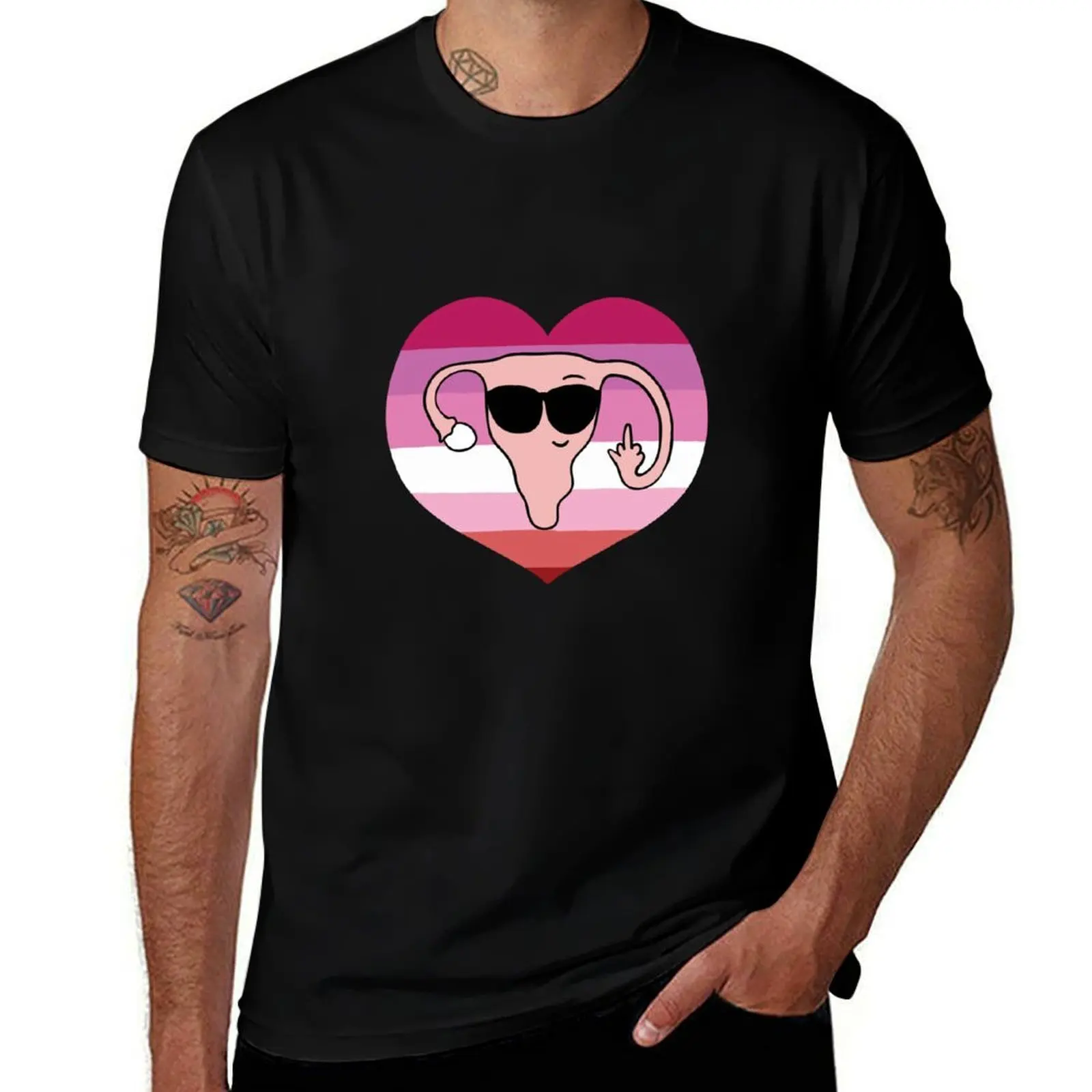 Lesbian Pride middle finger uterus T-Shirt Casual Fashion Short Sleeve Cotton T-Shirt