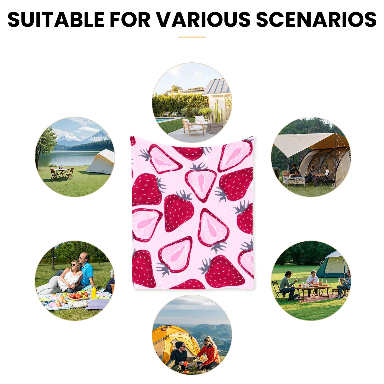 Manta repetidora con diseño de fruta y fresa para exteriores, color rosa, para picnic y accesorios esenciales para la vida
