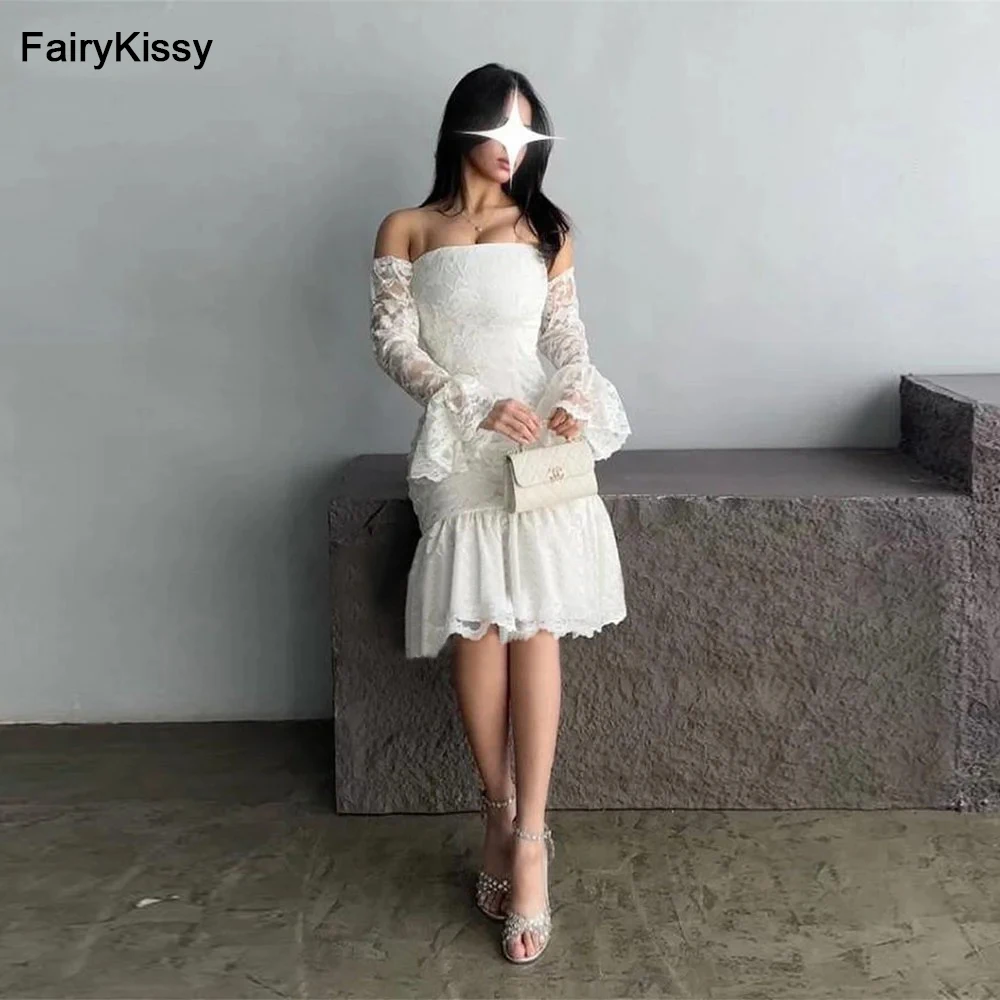 

FairyKissy Arabic Strapless Wedding Dress Long Sleeves Lace Applique Mermaid Party Dresses Corset Back Saudi Arabia Evening Gown