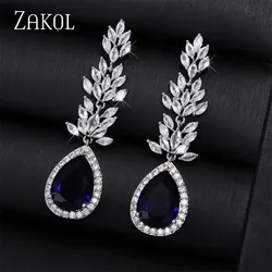 ZAKOL Luxury Leaf Cubic Zirconia Long Bridal Earrings for Women Fashion Water Drop Silver Color Wedding Jewelry Bijoux