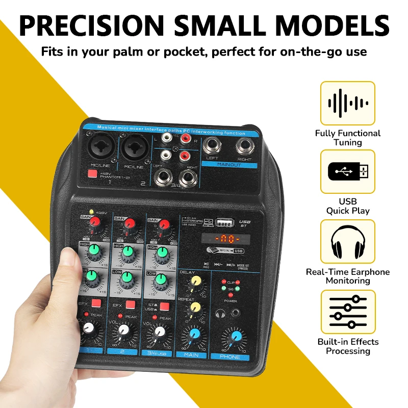 MZX 4-канальный аудиомикшер-процессор с Bluetooth, USB, MP3, фантомным питанием 48В, реверберацией, для сцены, телефона, компьютера, прямых трансляций, USB, мини-DJ