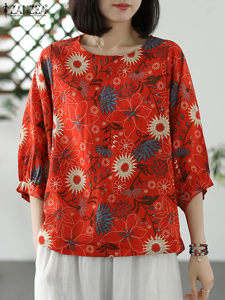 Summer Bohemian Floral Blouse Women Vintage 3/4 Sleeve Printed Tops 2024 ZANZEA Casual Loose Shirt Holiday Blusas Chemise Mujer