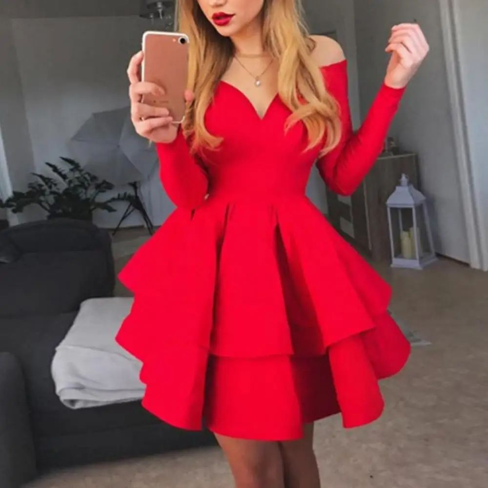 Elegant Women Long Sleeve V Neck Off Shoulder Large Swing Ruffled Hem Mini Dress