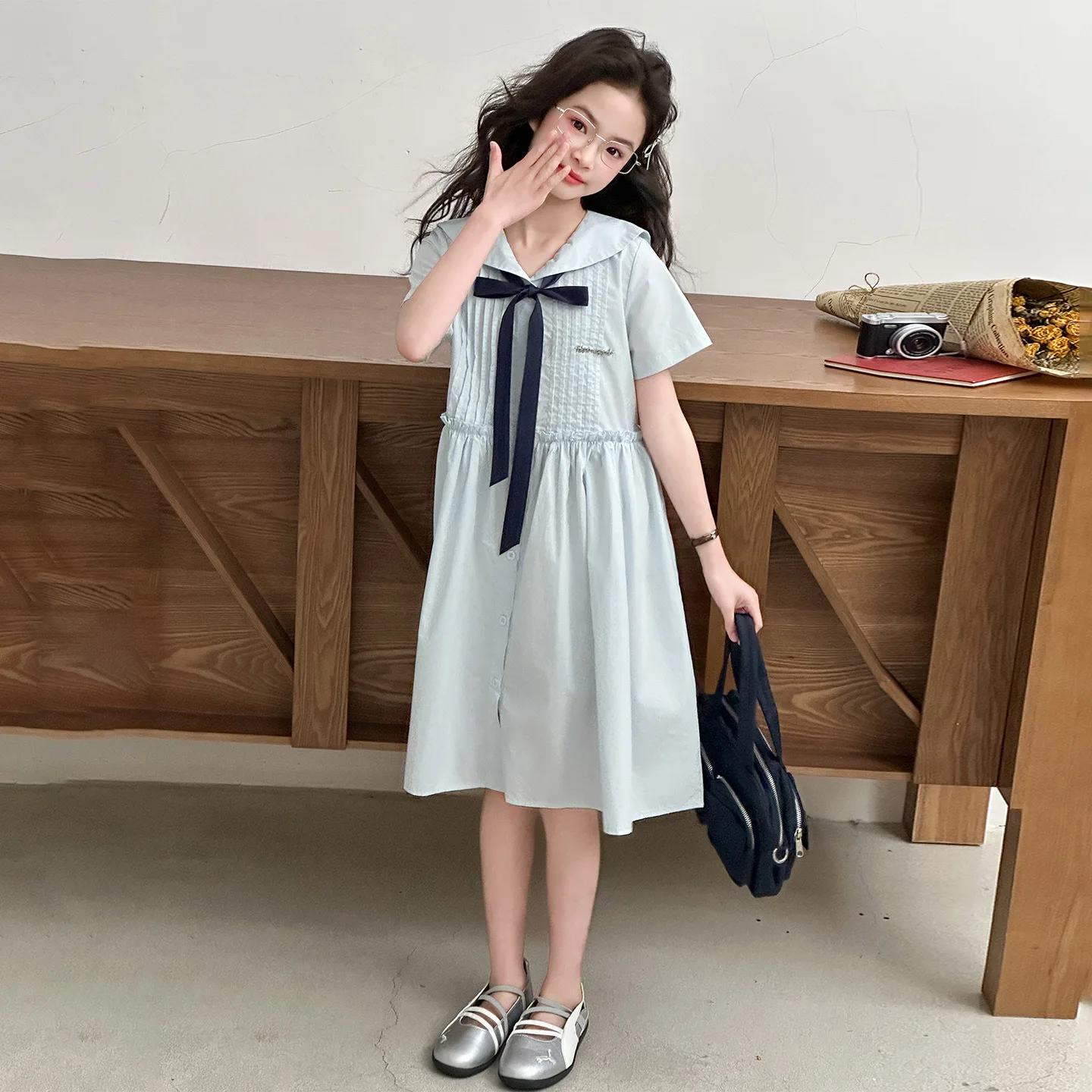 2026 Summer Dresses White kid baby party mesh princess Girls Mid Long JK bow sailor collar teens dress 4 6 8 to 10 12 14 Years