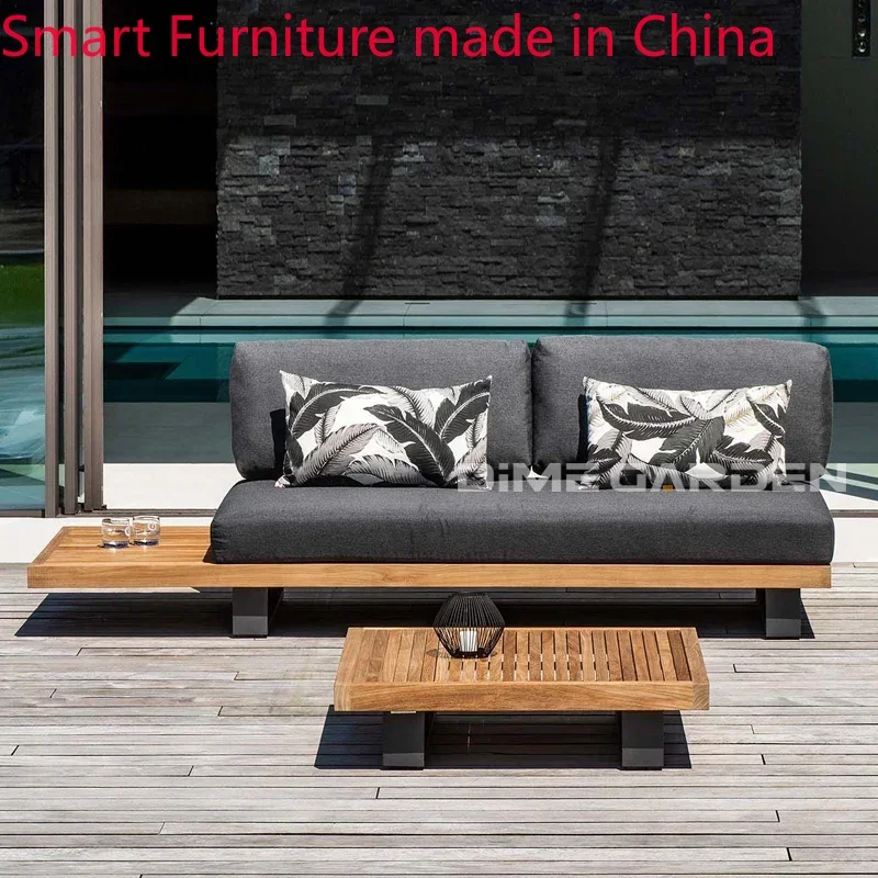 Custom outdoor teak sofa courtyard designer garden hotel balcony simple modern aluminum alloy solid wood furniture combination