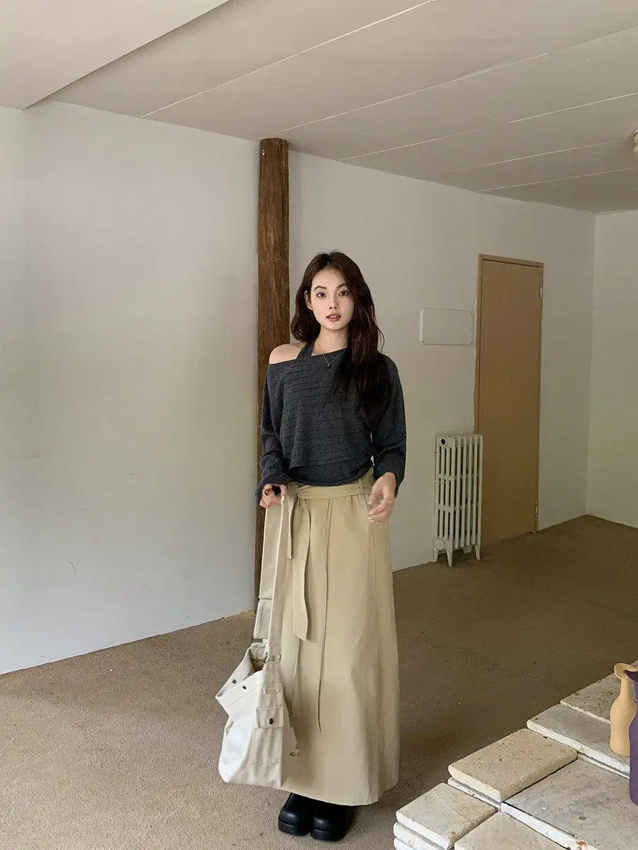 

Женский вязаный комплект Linyunyun: топ с длинным рукавом и полосатая майка-жилетка для ранней осени, повседневный, из чистого хлопка