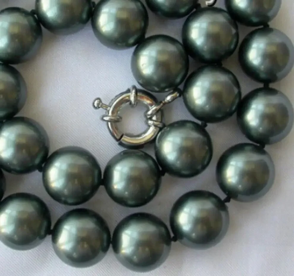 

stunning big 14mm round Tahiti black south sea shell pearl necklace AAA style Fine Noble real Natural free shippi