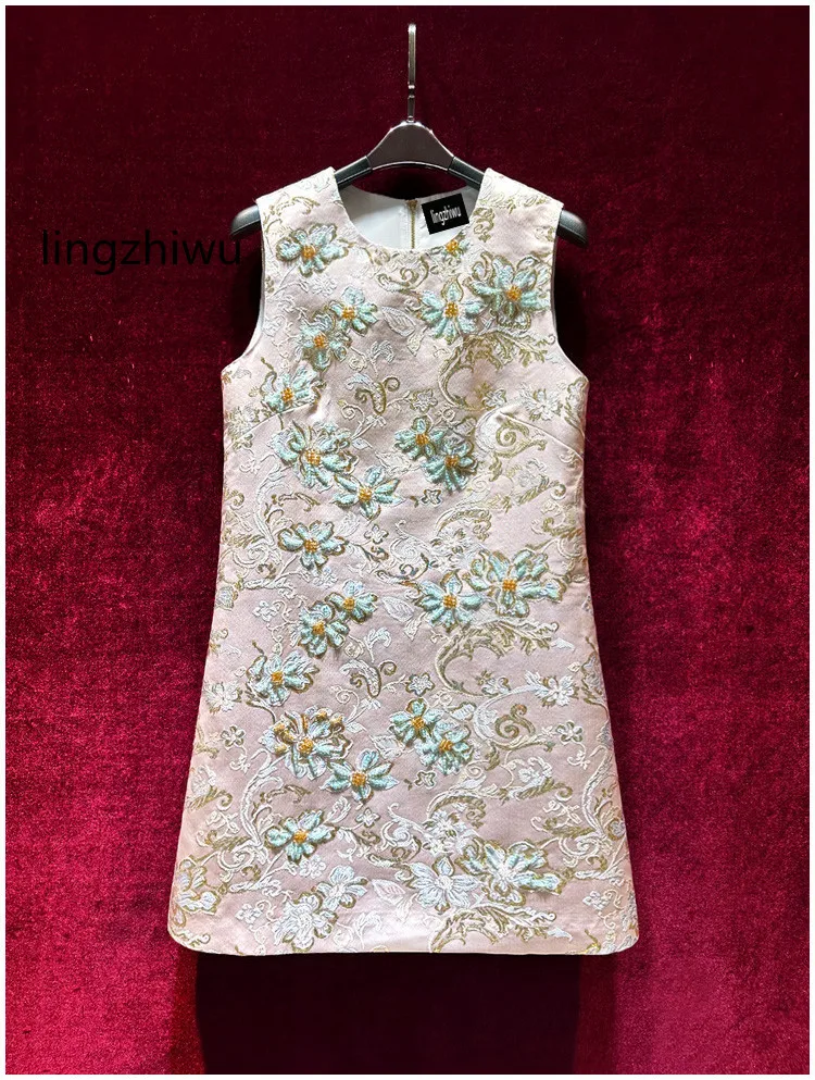 

lingzhiwu Jacquard Dress Top Quality Luxury Handmade Beading Designer Sleeveless Elegant A-Line Dresses 2024 Summer New Arrive