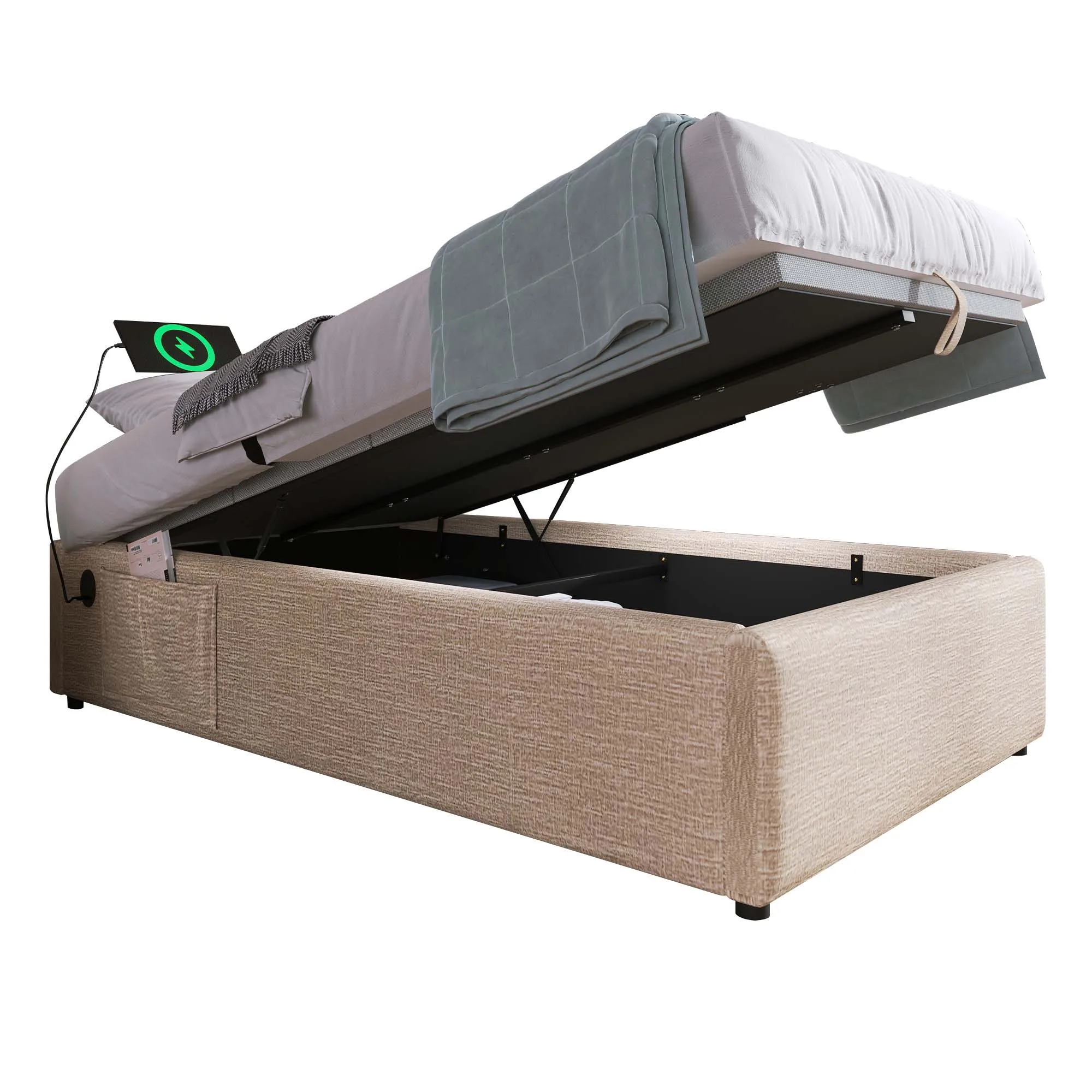 Gepolstertes Einzelbett 90×190 cm, Bettgestell mit Stauraum und USB-C, Lattenrost, Leinen, Naturfarben – Detail 11