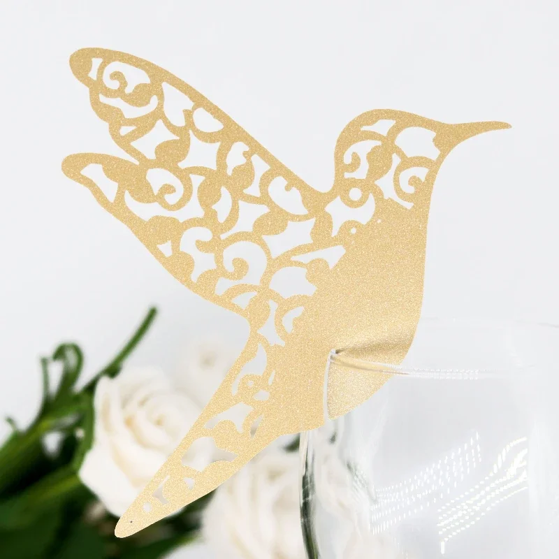 Cartões de lugar para mesa de casamento, 50 peças, pássaros colibrantes, vidro de vinho, decorações de festa, decoração de mesa de casamento, cartões de lugar, corte a laser, pássaro