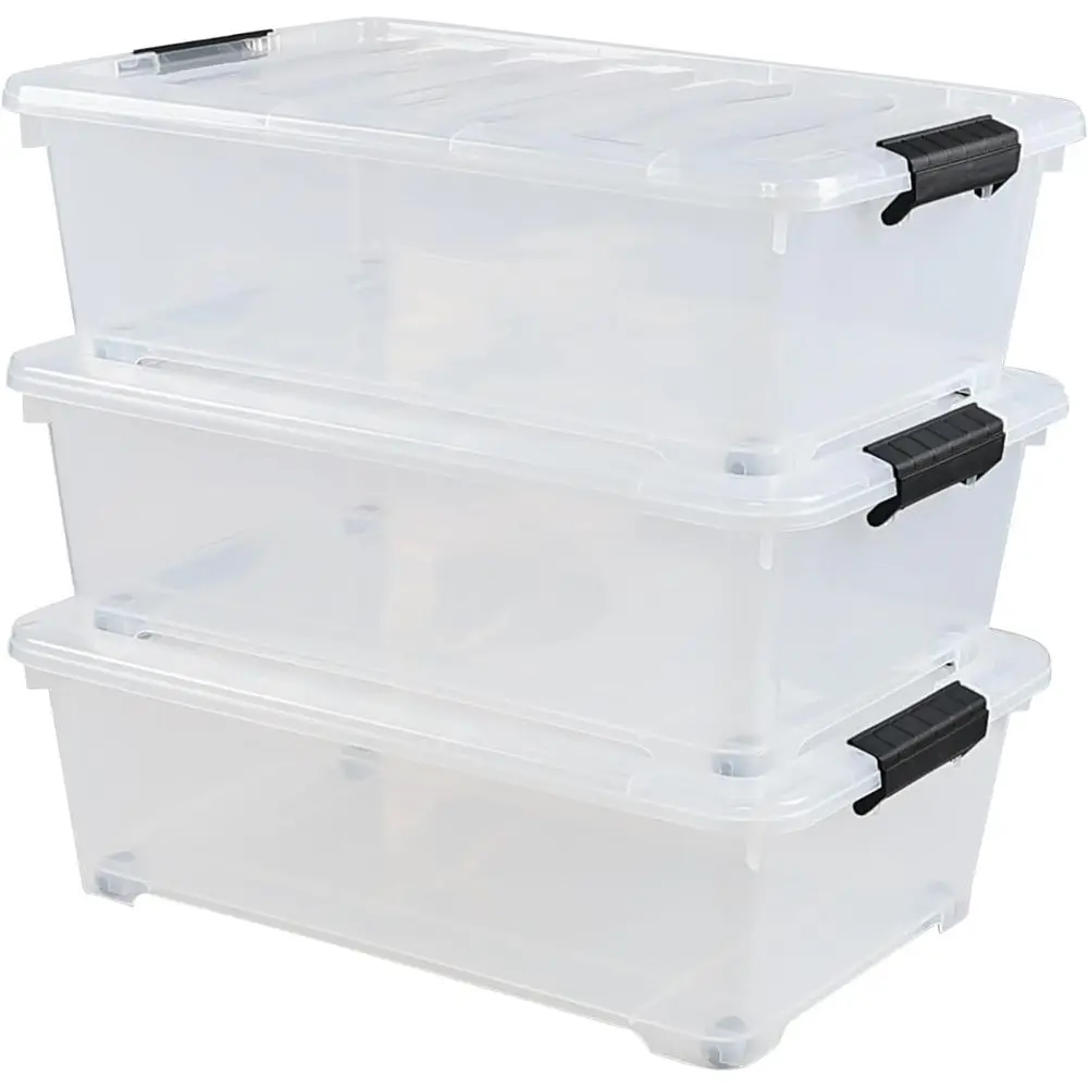 

3-Pack Clear Plastic Storage Bins with Wheels, Under Bed Lidded Boxes