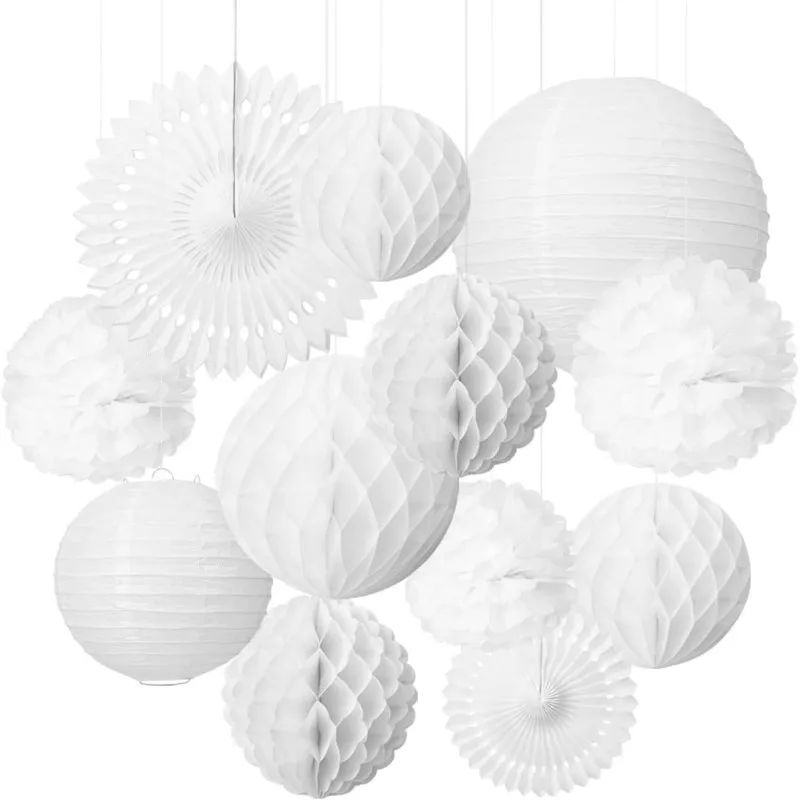 12Pcs Lanterns Pom Poms Honeycomb Balls Fan Decoration Set White for Wedding Celebration Birthday Party School