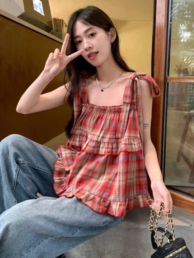 Girly Y2k Crop Top Homemade Summer New Japan Style Vintage Sweet Spicy Fungus Edge Lace Up Green Plaid Strap Tank Top for Women