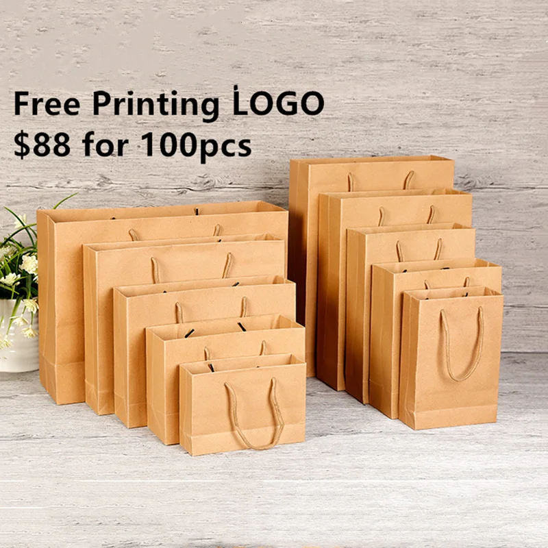 

Kraft Paper Gift Bag Free Printing Monochrome LOGO 100PCS/LOT Party Candy Bag Shopping Bag Carries Bag 16 Size Available