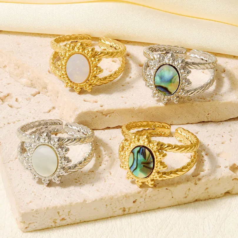 خمر جولة البيضاوي مربع أذن البحر الطبيعية قذيفة الدائري الفولاذ المقاوم للصدأ مفتوحة قابل للتعديل خواتم الاصبع مجوهرات هدايا للنساء الفتيات #5