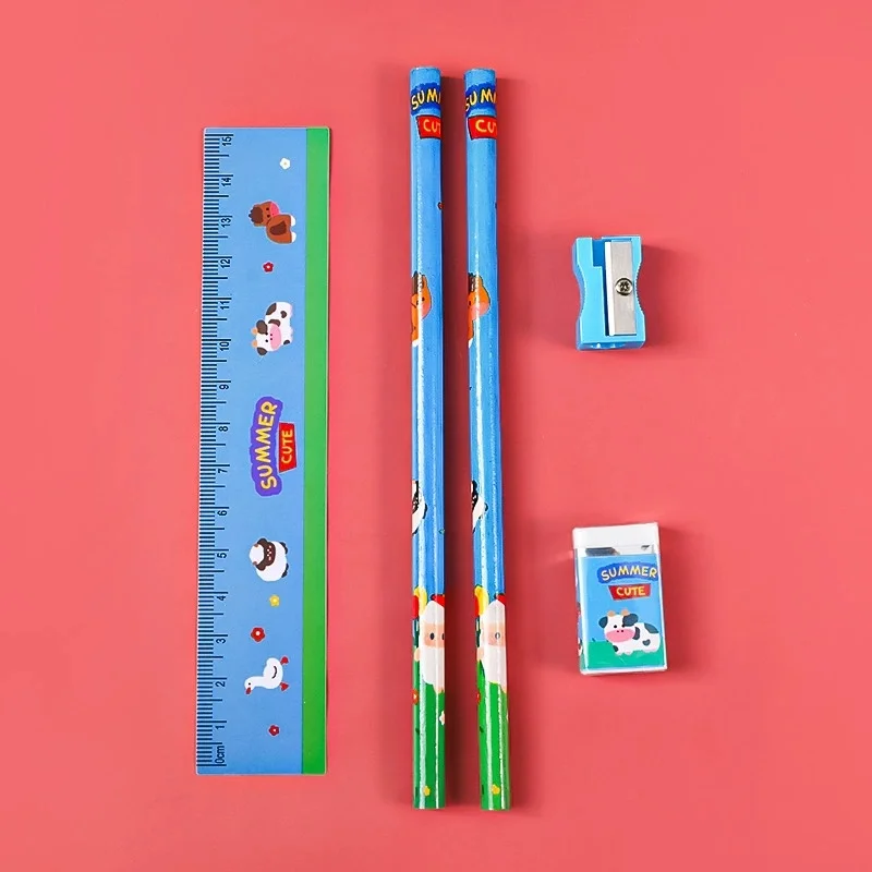 5pcs Cute Cartoon Pencil Set Stationery Kit Christmas Gift For Kids Ruler Eraser Sharpener School Supplies Classroom Prizes