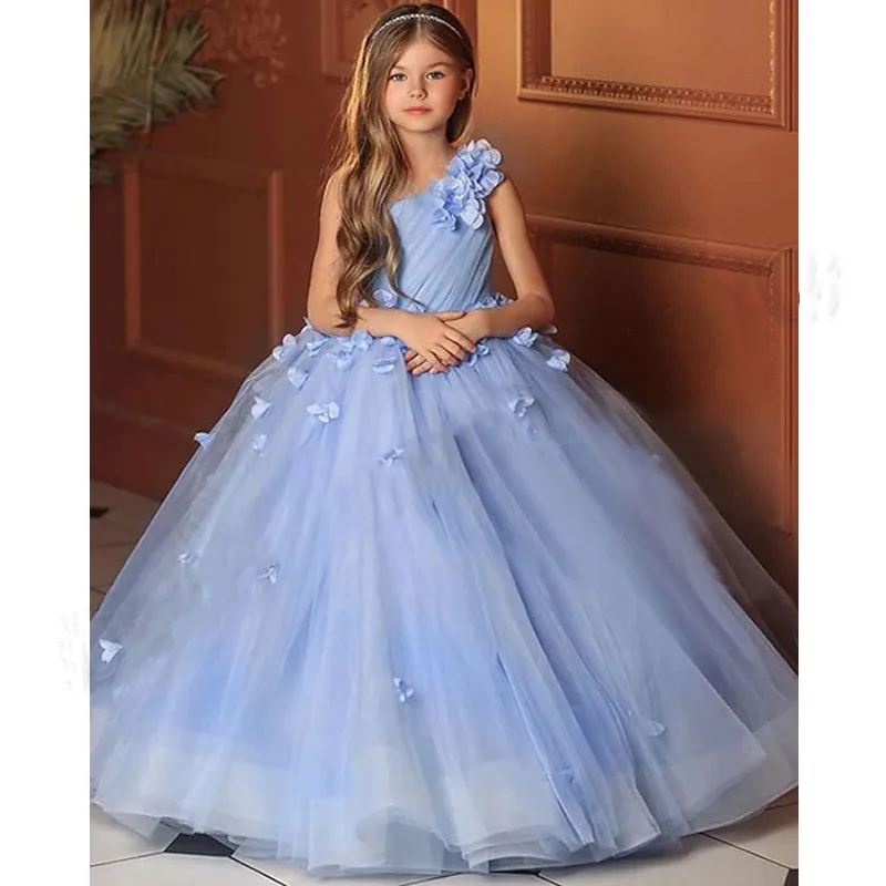 

Light Blue Flower Girl Dress for Wedding One Shoulder Sleeveless Kid Birthday Party Gown First Communion Dress