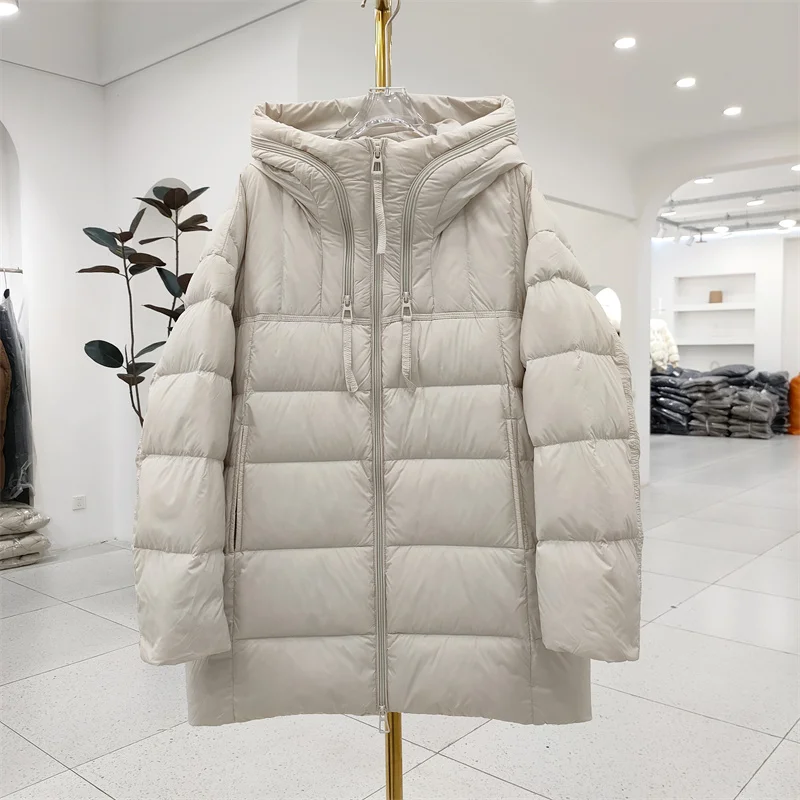 Winter Solid Hooded Mid Length Down Jacket Women 90% White Duck Down Loose Down Jacket Female Warm Double Zipper Parker Outwears