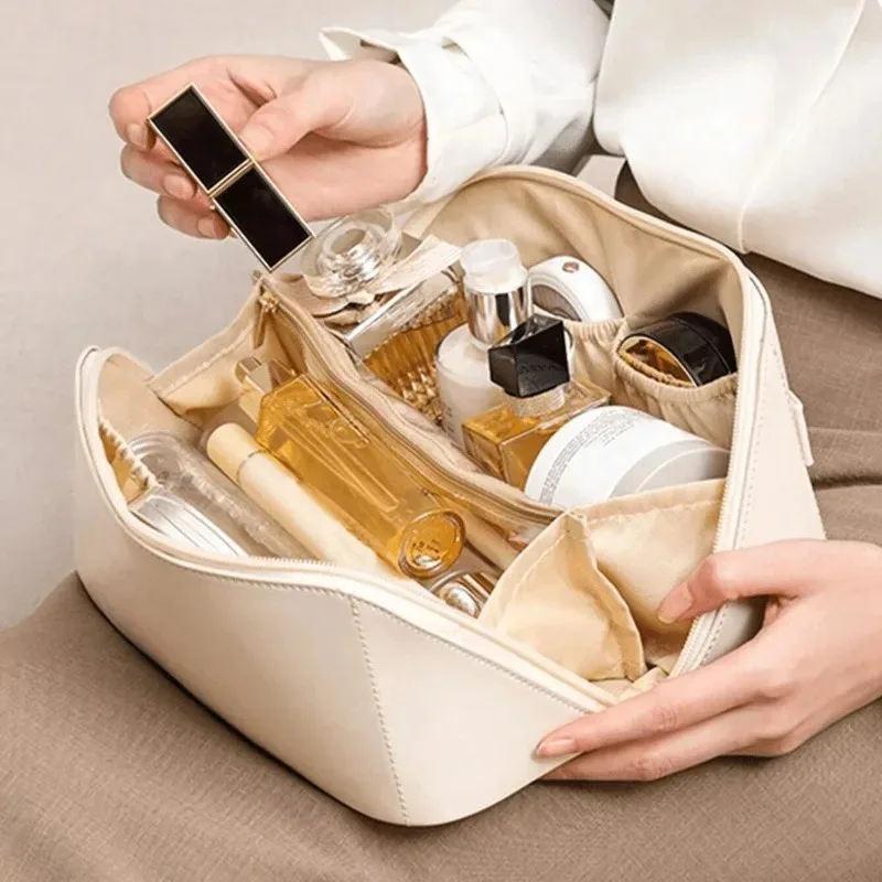 Large Leather Makeup Bag - Travel Toiletry Organizer with Multiple Pockets, Spacious Cosmetic Pouch, Portable Storage Case