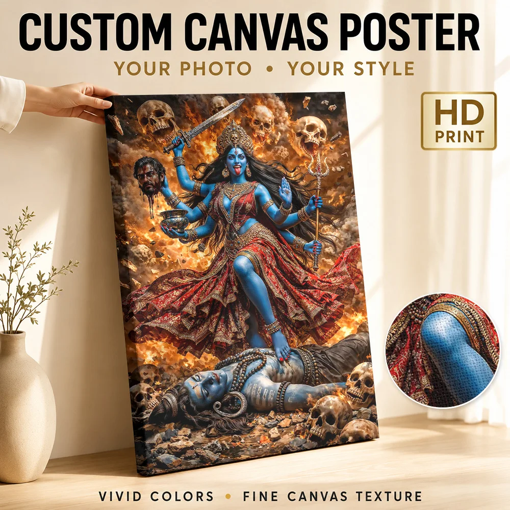 Goddess Kali Standing On Shiva Framed Canvas Print Poster Customized Spiritual Mythology Canvas Wall Art for Living Room Decor
