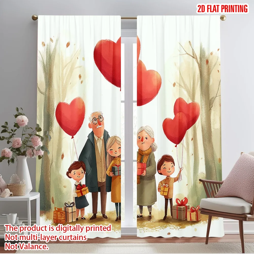 2pcs,2D plane printing Curtains Digital Printed Boster Family Love Polyester Easy Install (without rod) Decorations Inside for