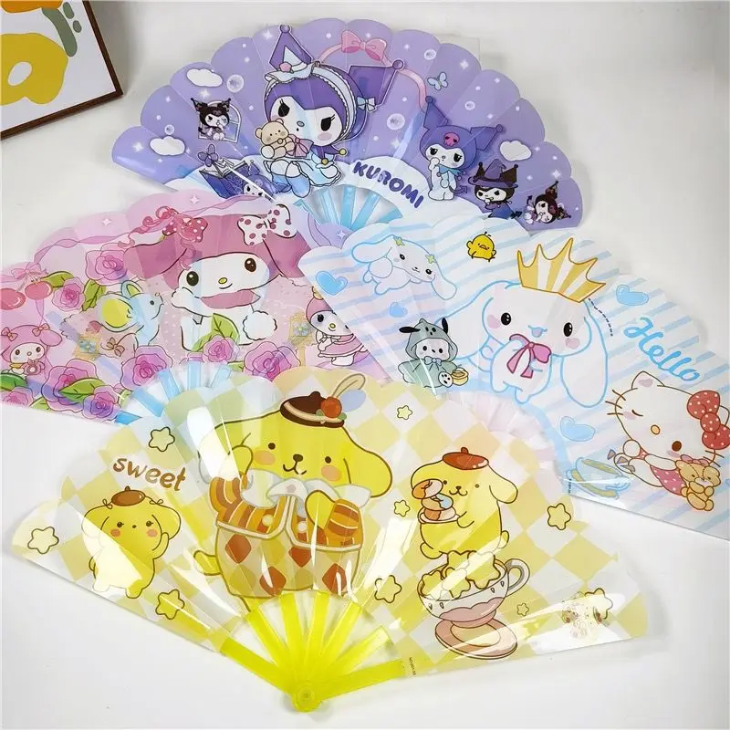 Cinnamoroll Kuromi Sanrio Cute Seven Folding Fan Summer Portable Cartoon Pompompurin My Melody Children Plastic Fan Toy for Girl