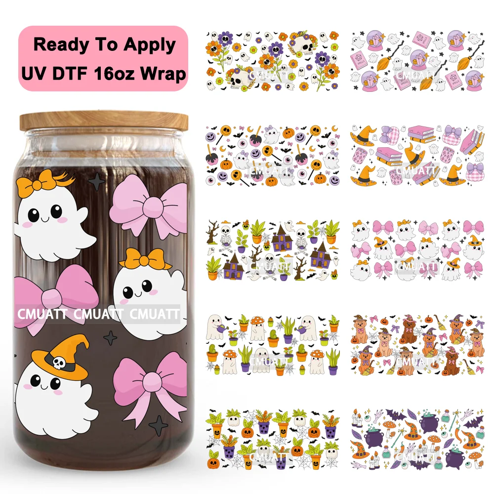 

Cute Bookish Ghost Pumpkin Halloween Dog Cat UV DTF Wrap Transfer Sticker Selfadhesive Waterproof Logo For 16OZ Libbey Glass Can
