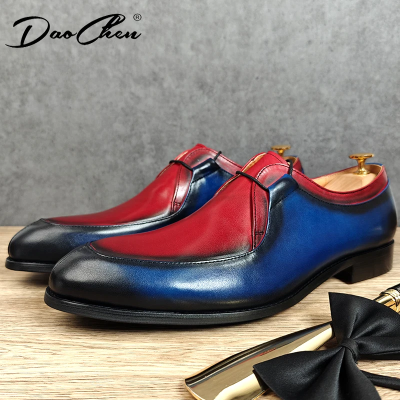 Luxury Brand Men Derby Shoes Genuine Leather Scarlet Navy Two-Tone Slip On Formal Casual Shoes Wedding Office Men\'s Dress Shoes