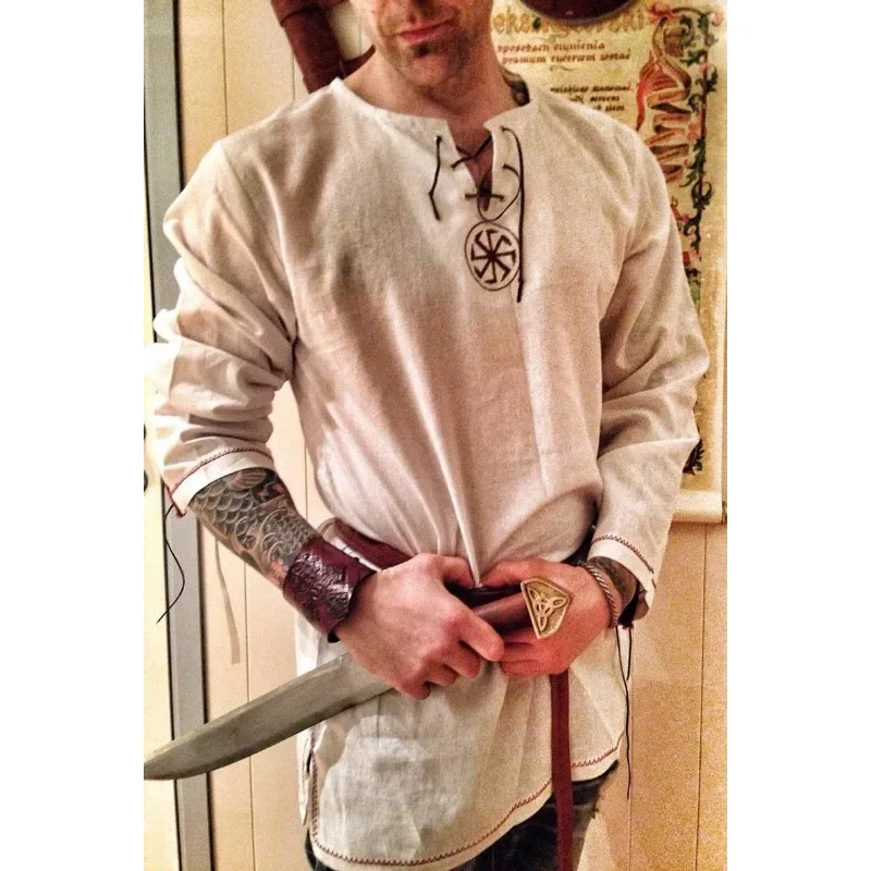 

Spring Summer Vintage Long Sleeve V Neck Loose Medieval Celtic Clothing Retro Muscle Punk Shirt Men Linen Viking Shirt