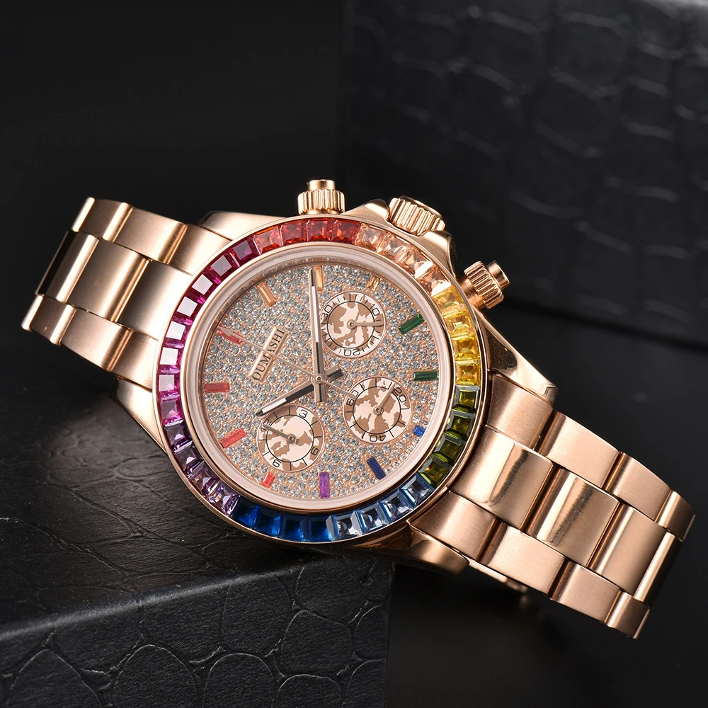 Oumashi 39mm VK63 Movement watches Rainbow Watch Panda Three Eye Quartz Watch Sapphire Stainless Steel Waterproof Timing Code