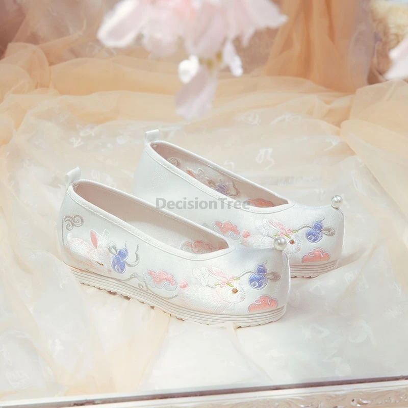 

2025 sweet cute hanfu upturned-toe shoes chinese style dainty embroidery ancient style hanfu shoes satin lacing heighten shoes