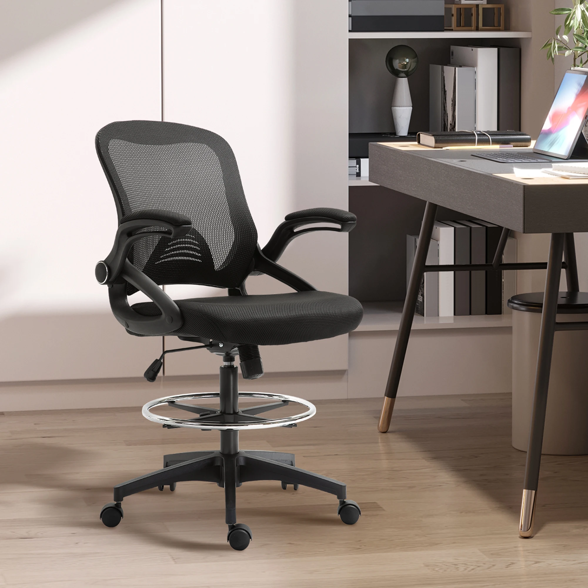 

Tall Office Chair Mid-Back Drafting Chair W/ Adjustable Height Lumbar Support