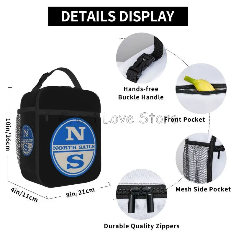 North Sails Print Insulated Lunch Bag Reusable Leakproof Portable Oxford Thermal Cooler Lunch Bento Box for Outdoor Work Travel