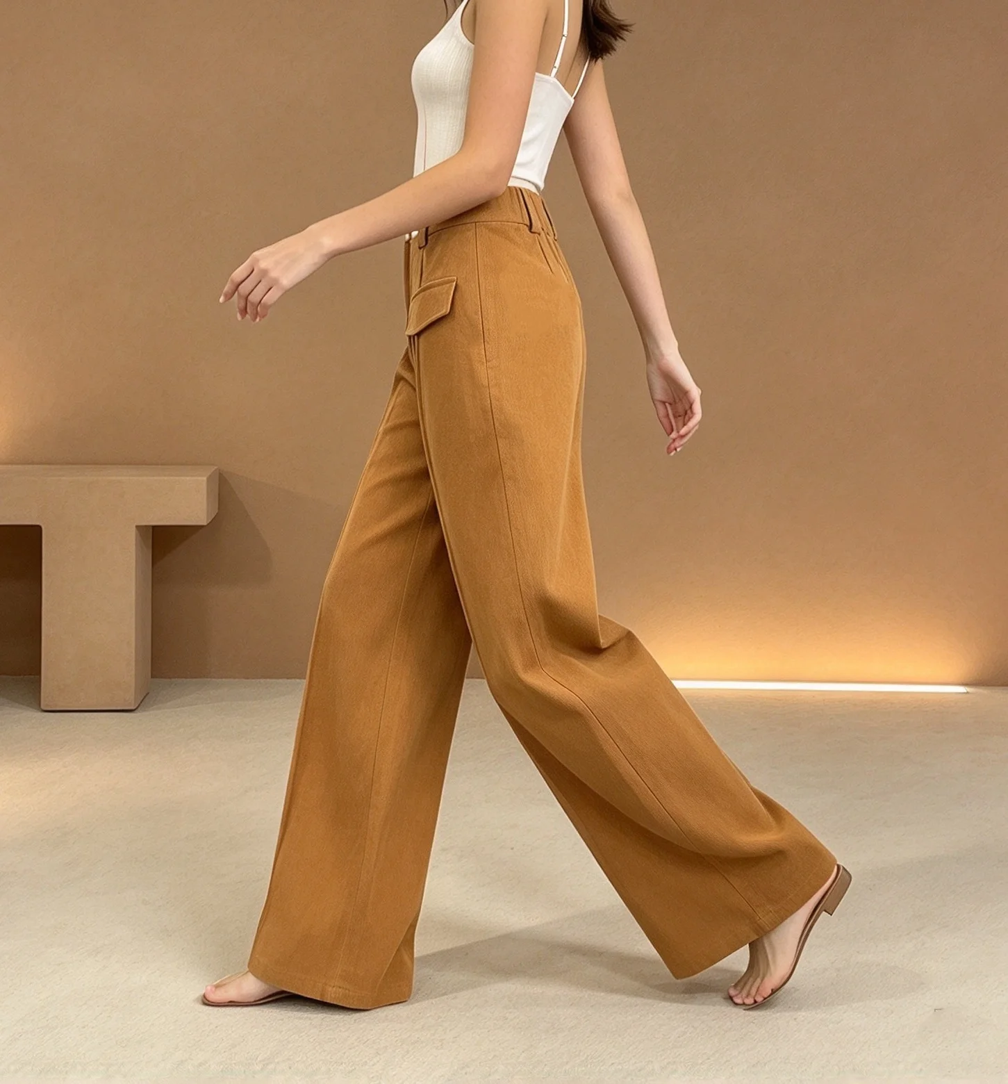 Women Spring Autumn Vintage Solid Wide Leg Pants, Double Button High Waist with Side Pockets