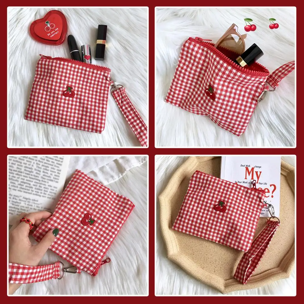 

Red Cherry Canvas Cosmetic Bag Portable And Easy To Carry. Red Plaid, Large Capacity Cosmetic Lipstick Storage Bag