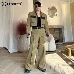 LUZHEN 2025 Spring New Fashion Elegant Pu Patchwork Pockets Design Short Coat Men's Straight Casual Pants Two-piece Sets LZ8612