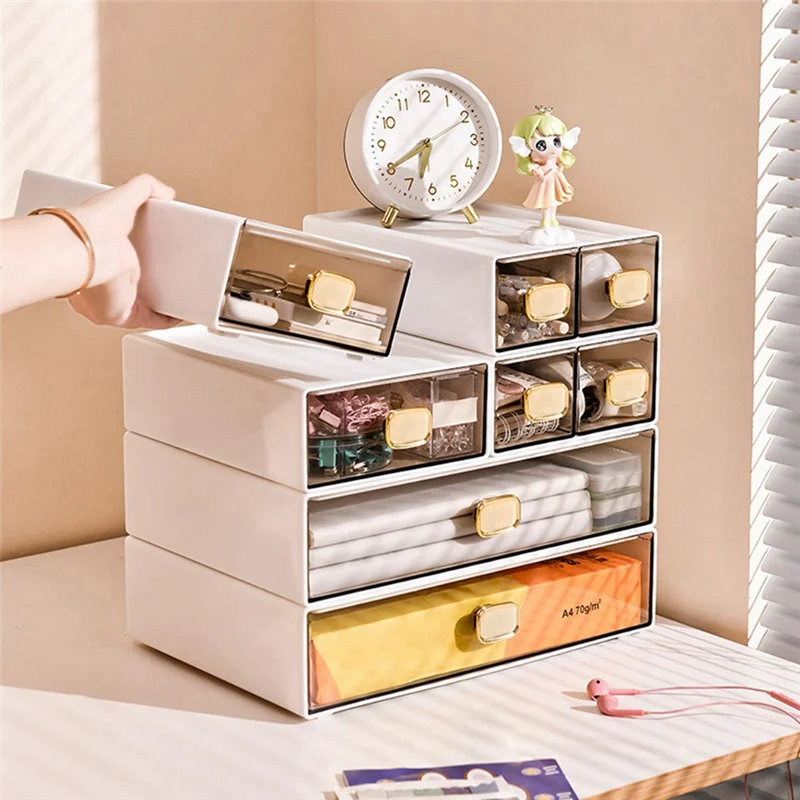 ABZZ-8015 Desktop Ins Multi-Stacked Storage Box Dormitory Desk Transparent Drawer Student Stationery Office Small Hand Book Dura