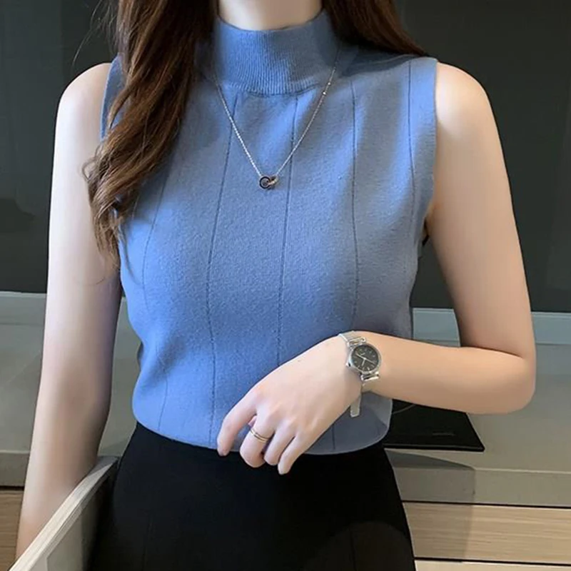 Korean Summer Women Shirt Tops Casual Sleeveless Solid Turtleneck Knitted Blouse Women Ladies Tops Fashion Clothes Blusas 8623