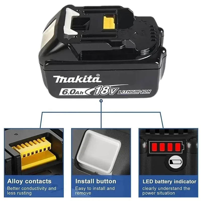 True Capacity Original Makita Battery, 18V 6.0Ah Rechargeable Power Tool Battery No Memory Effect for LXT BL1840 BL1850 BL1860B