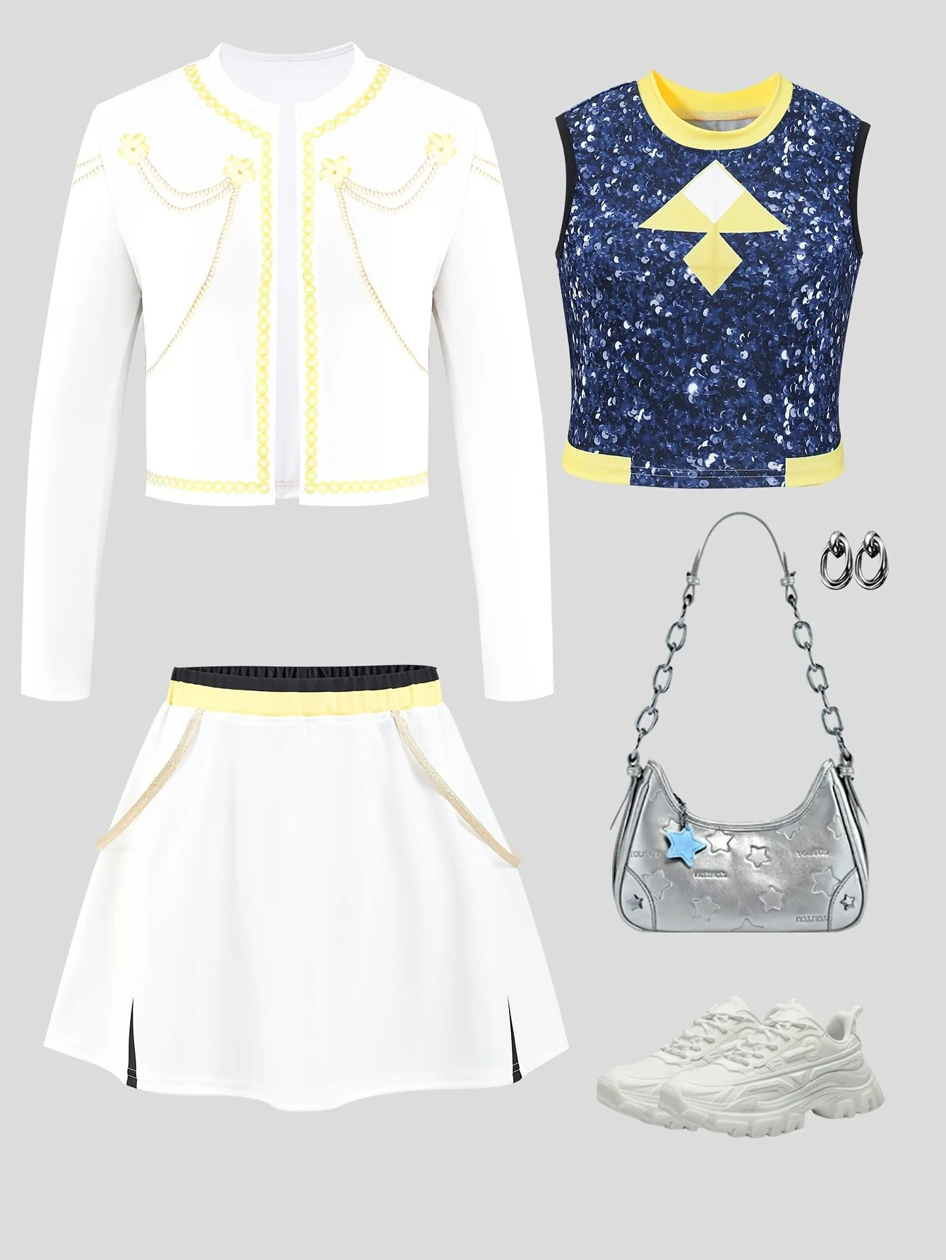 Kids Girls 3-Piece Stage Outfit, Gold Trim White Jacket + Sequin Crop Top + Skirt Set for Dance & Performance