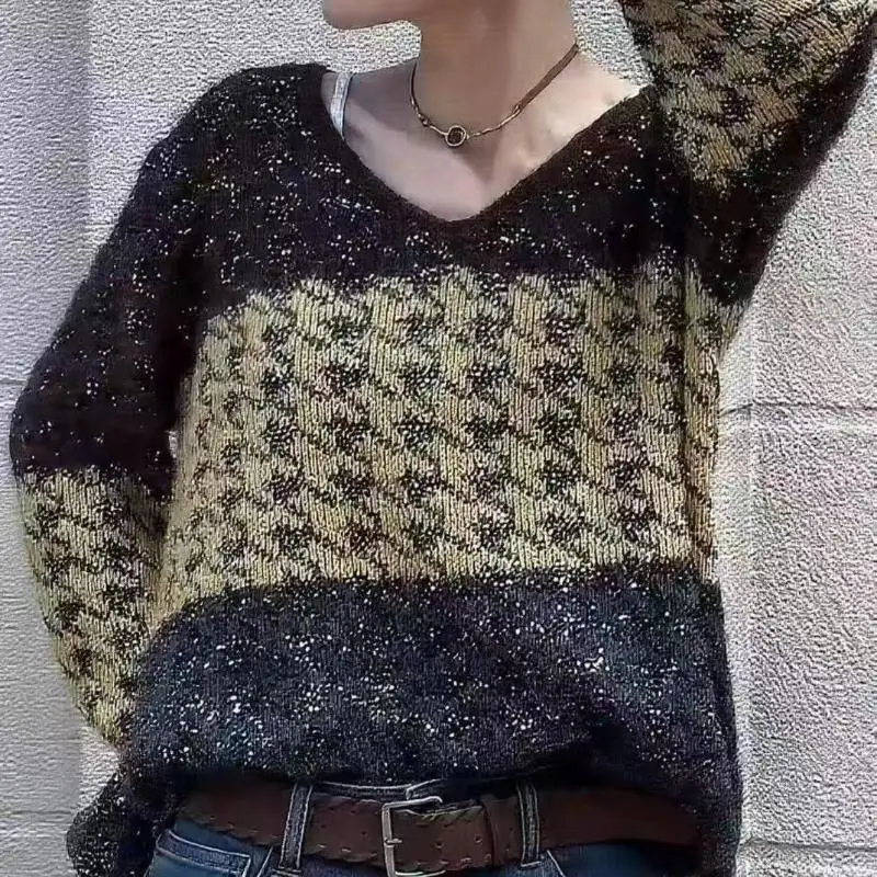 

Sweater Women's 2025 Korean Style New Autumn Fashion Contrast Color Sweater Loose Long Sleeve Knitted Pullover Top