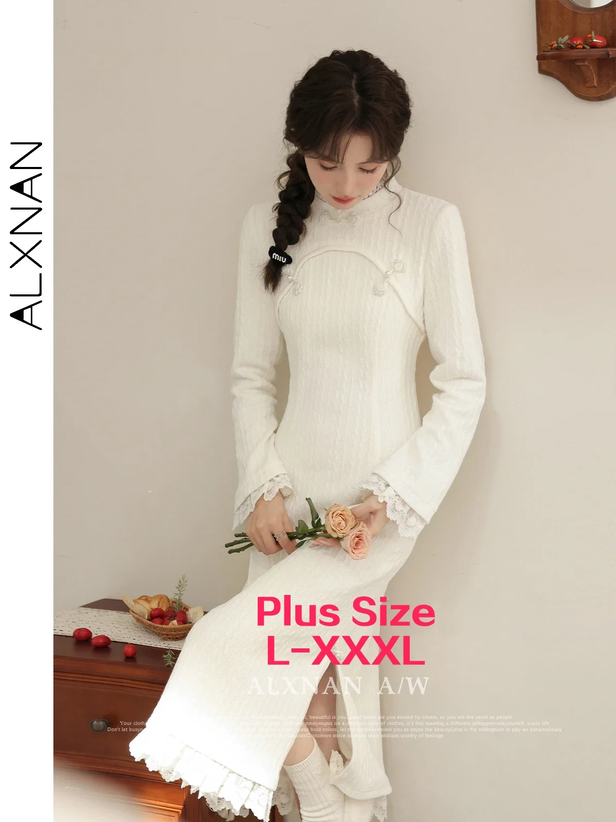 ALXNAN ชุดเดรสยาวไซส์ใหญ่สำหรับผู้หญิง ปี 2025 ชุดเดรสแขนยาวสไตล์ลำลองสุดหรู สไตล์จีนใหม่ สีแอปริคอต เสื้อผ้าผู้หญิง รุ่น D01005