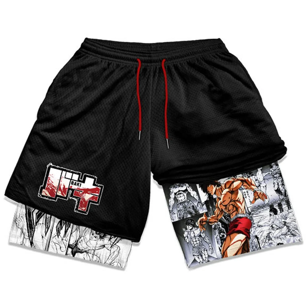 Men\'s Anime Hanma Baki Fitness Shorts Printed Black Double Layer 2 In 1 Quick-drying Shorts Fitness Running Sports Summer